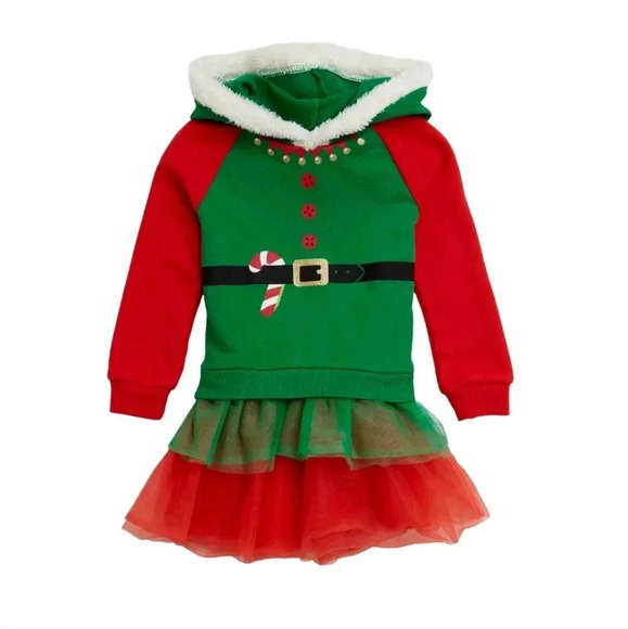 CHRISTMAS HOLIDAY SWEATER ELF DRESS HOODED TULLE 3T NWT BY WELL WORN - Picture 1 of 7